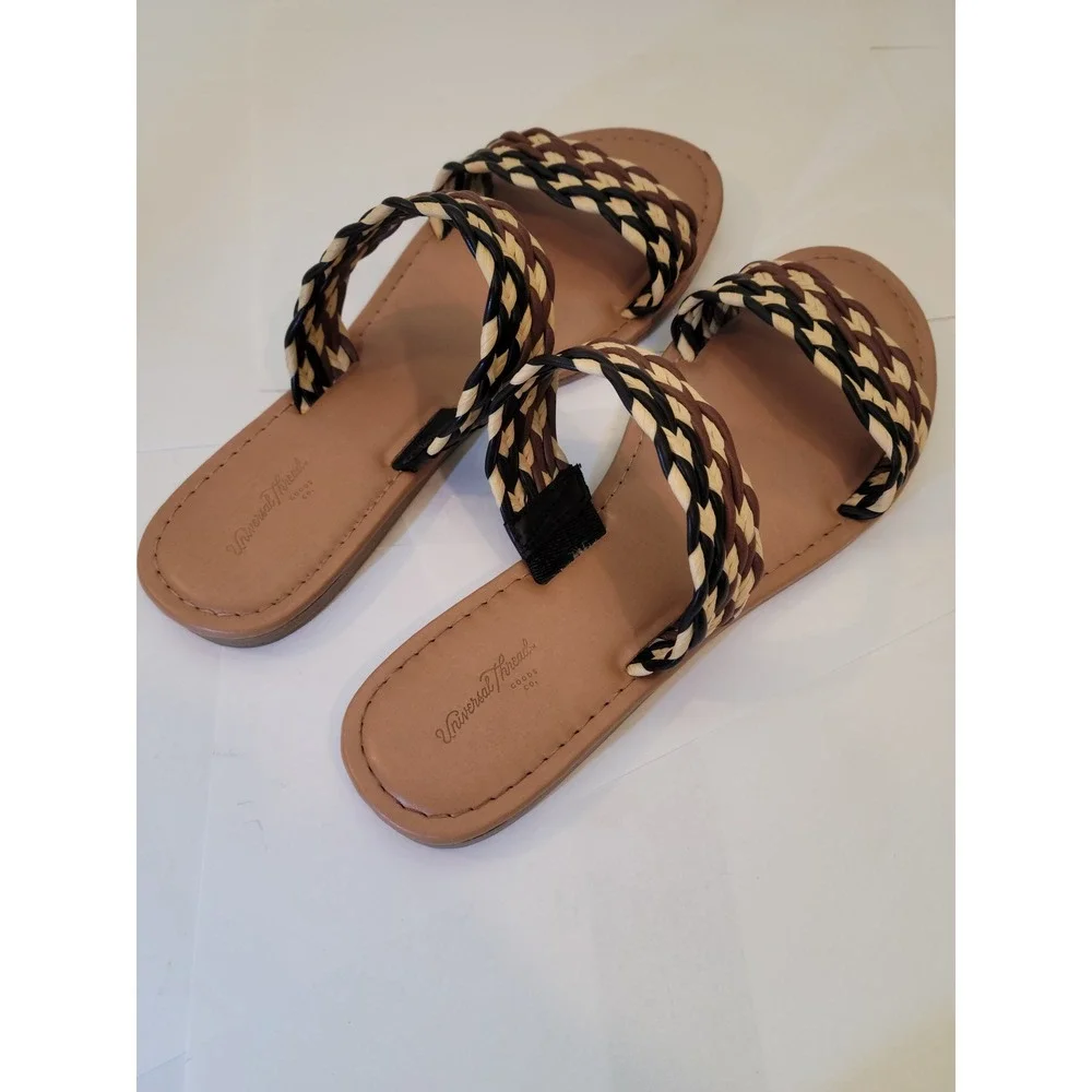 Universal Thread Slide Sandals Women 8.5 Braided Straps Brown Tan Woven Flat